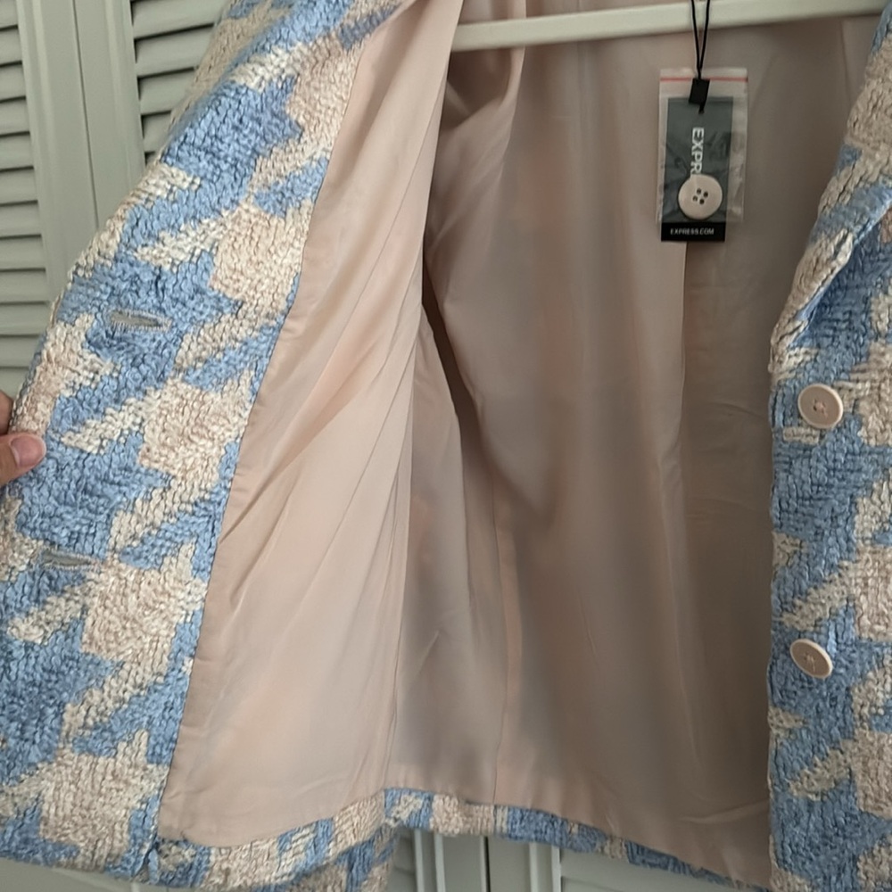NWT Express Blue and Cream Houndstooth Tweed Cropped Jacket | Size Small - Picture 7 of 9